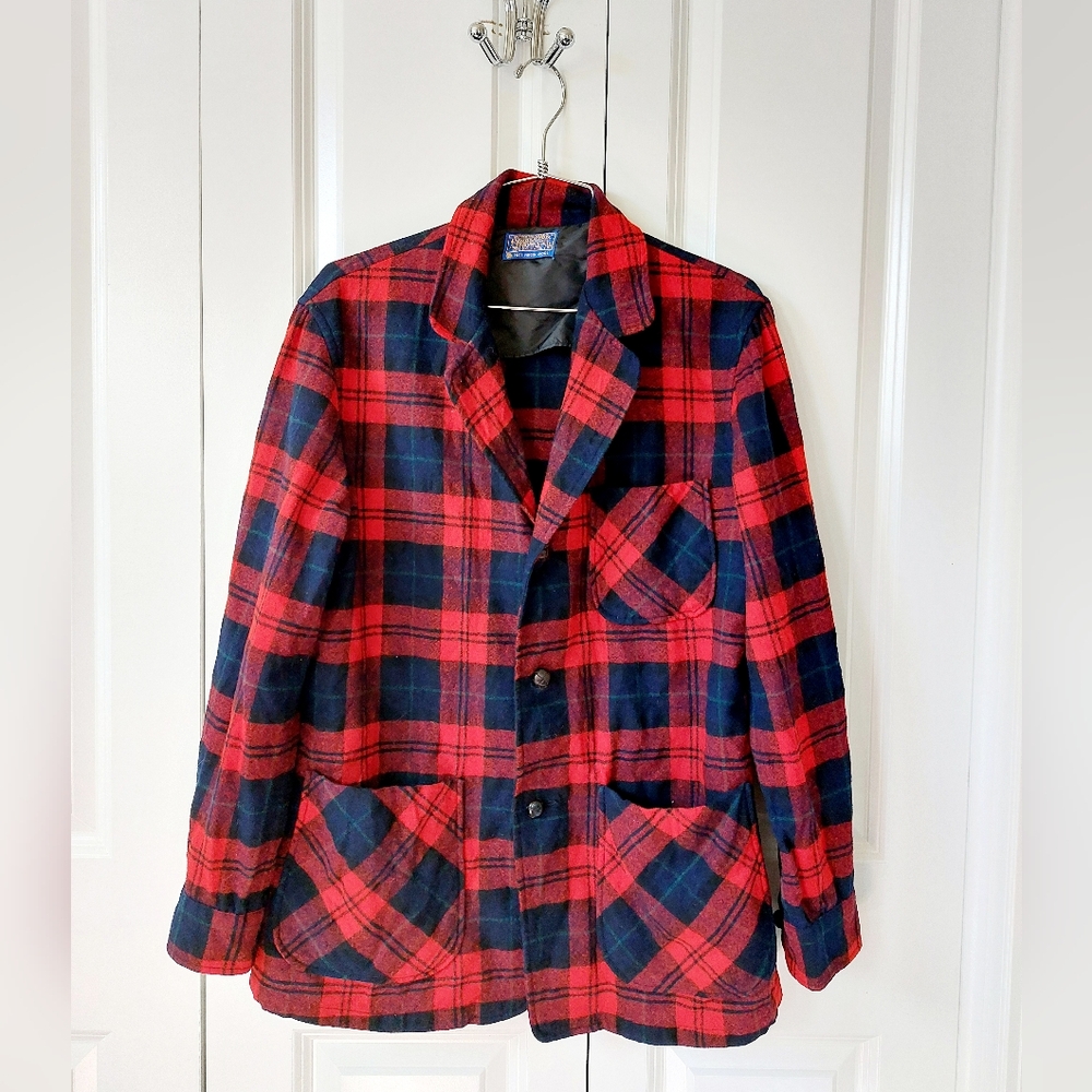 Pendleton Wool Plaid Jacket Small Shacket Midcentury Vintage Red Navy Blue Green
